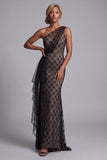 Robe noire à carreaux longue sirène à une épaule avec volants