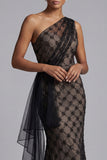 Robe noire à carreaux longue sirène à une épaule avec volants