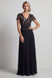 Robe mère de la mariée en chiffon noir scintillant plissée à longues lignes avec manches