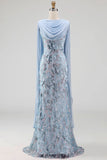 Robe longue de la mère de la mariée en sirène bleu ciel perlée avec cape