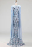 Robe longue de la mère de la mariée en sirène bleu ciel perlée avec cape