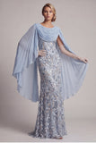 Robe longue de la mère de la mariée en sirène bleu ciel perlée avec cape