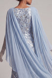 Robe longue de la mère de la mariée en sirène bleu ciel perlée avec cape