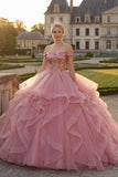 Robe de bal rose à épaules dénudées, robe quinceañera à volants et paillettes