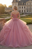 Robe de bal rose à épaules dénudées, robe quinceañera à volants et paillettes