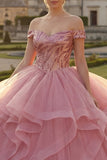 Robe de bal rose à épaules dénudées, robe quinceañera à volants et paillettes