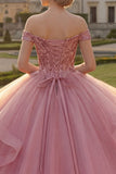 Robe de bal rose à épaules dénudées, robe quinceañera à volants et paillettes