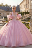 Robe de bal corset perlé à col nu rose avec manches bouffantes