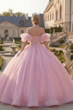 Robe de bal corset perlé à col nu rose avec manches bouffantes