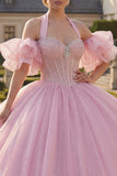 Robe de bal corset perlé à col nu rose avec manches bouffantes