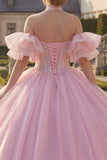 Robe de bal corset perlé à col nu rose avec manches bouffantes