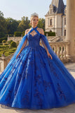 Robe de bal bleu bleu nu-nu, robe de quinceañera appliquée avec manches cape
