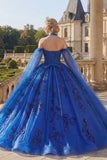 Robe de bal bleu bleu nu-nu, robe de quinceañera appliquée avec manches cape