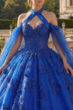 Robe de bal bleu bleu nu-nu, robe de quinceañera appliquée avec manches cape