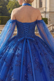 Robe de bal bleu bleu nu-nu, robe de quinceañera appliquée avec manches cape