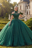 Robe de bal vert foncé à col nu et paillettes Quinceañera