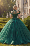 Robe de bal vert foncé à col nu et paillettes Quinceañera