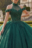 Robe de bal vert foncé à col nu et paillettes Quinceañera