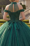 Robe de bal vert foncé à col nu et paillettes Quinceañera