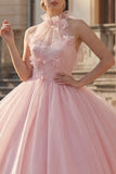 Robe de bal à blush à dos nus et col appliqué Quinceañera