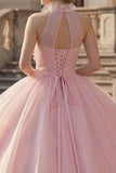 Robe de bal à blush à dos nus et col appliqué Quinceañera
