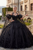 Robe de bal à col nu, perles noires appliquées, robe quinceañera à manches bouffantes