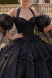 Robe de bal à col nu, perles noires appliquées, robe quinceañera à manches bouffantes
