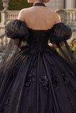 Robe de bal à col nu, perles noires appliquées, robe quinceañera à manches bouffantes