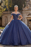 Robe de bal à épaules dénudées, robe de princesse Quinceañera à paillettes bleu marine