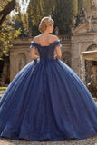 Robe de bal à épaules dénudées, robe de princesse Quinceañera à paillettes bleu marine