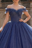 Robe de bal à épaules dénudées, robe de princesse Quinceañera à paillettes bleu marine