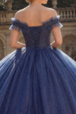 Robe de bal à épaules dénudées, robe de princesse Quinceañera à paillettes bleu marine