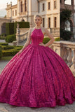 Robe de bal à col nu en fuchsia scintillante Sequins Quinceañera