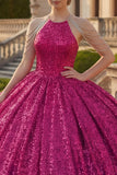 Robe de bal à col nu en fuchsia scintillante Sequins Quinceañera