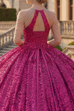 Robe de bal à col nu en fuchsia scintillante Sequins Quinceañera