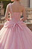 Robe de bal rose, robe de quinceañera à une épaule appliquée et froncée