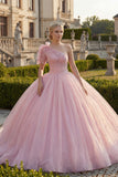 Robe de bal à une épaule robe rose à paillettes appliquées et à paillettes Quinceañera