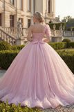 Robe de bal à une épaule robe rose à paillettes appliquées et à paillettes Quinceañera