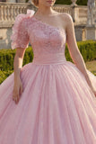 Robe de bal à une épaule robe rose à paillettes appliquées et à paillettes Quinceañera