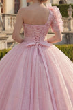 Robe de bal à une épaule robe rose à paillettes appliquées et à paillettes Quinceañera
