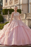 Robe de bal rose, robe quinceañera à perles et volants sur une épaule