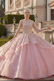 Robe de bal rose, robe quinceañera à perles et volants sur une épaule