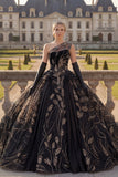 Robe de bal noire à une épaule appliquée à la quinceañera