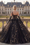 Robe de bal noire à une épaule appliquée à la quinceañera