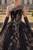 Robe de bal noire à une épaule appliquée à la quinceañera
