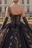 Robe de bal noire à une épaule appliquée à la quinceañera