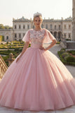Robe de bal à col rond en forme de quinceañera rose appliquée avec manches flottantes
