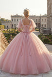 Robe de bal à col rond en forme de quinceañera rose appliquée avec manches flottantes