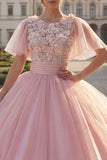 Robe de bal à col rond en forme de quinceañera rose appliquée avec manches flottantes