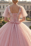 Robe de bal à col rond en forme de quinceañera rose appliquée avec manches flottantes